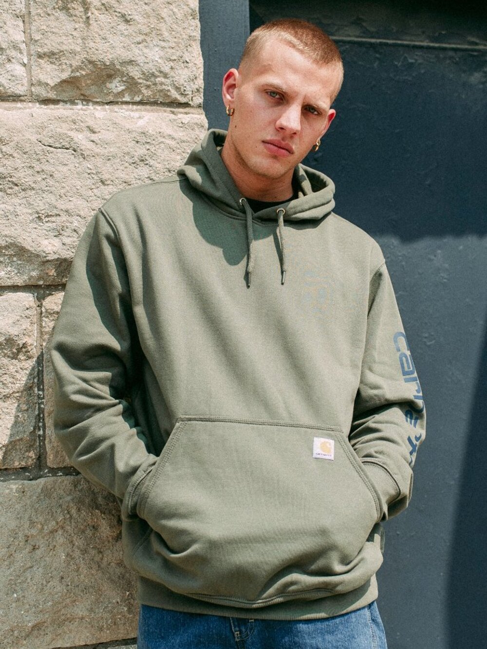 Carhartt Men's Olive Black Iconic Logo Casual Hooded Sweatshirt Size M